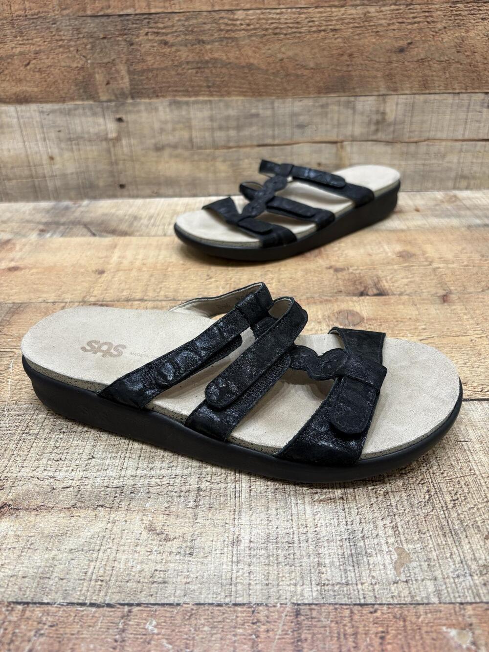 SAS Sandals Womens Size 8 39 Black Suede Tripad Comfort Strappy Slide Shoes
